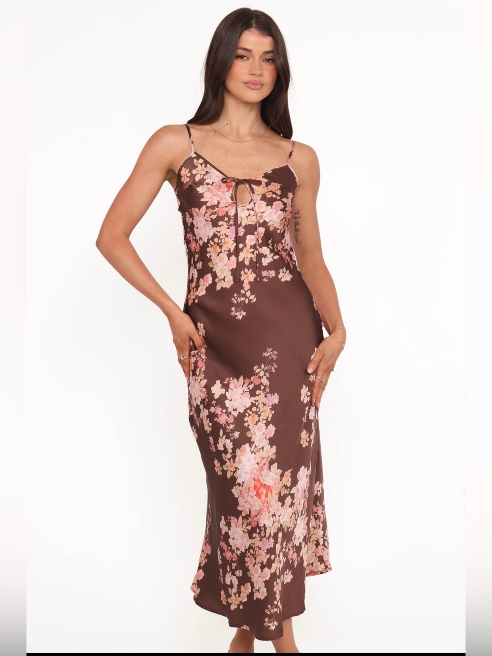 Petal & Pup Brown Floral Midi Slip Dress with Pink Accents
